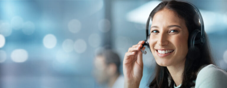 Portrait, mockup or woman in a call center for communication, talking or networking online. Bokeh, .